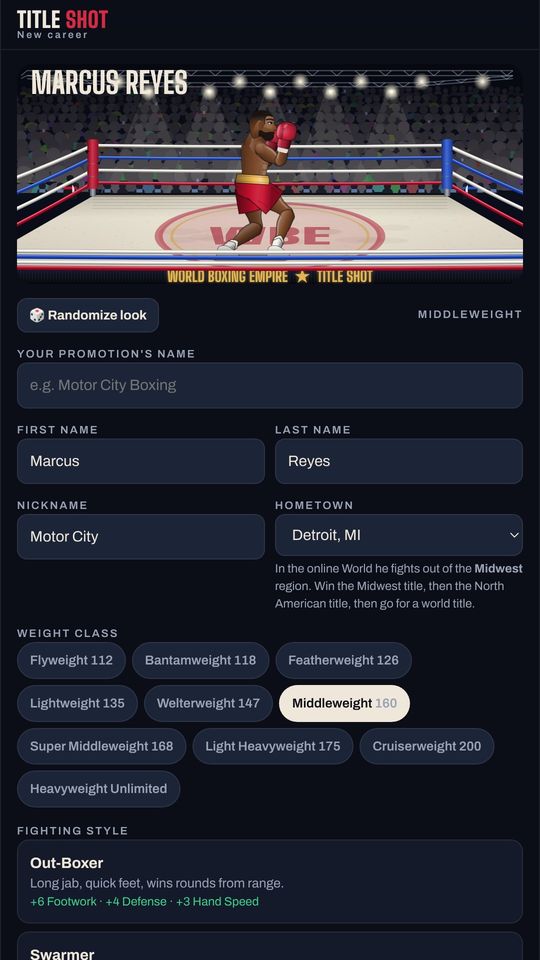 Create your fighter screen